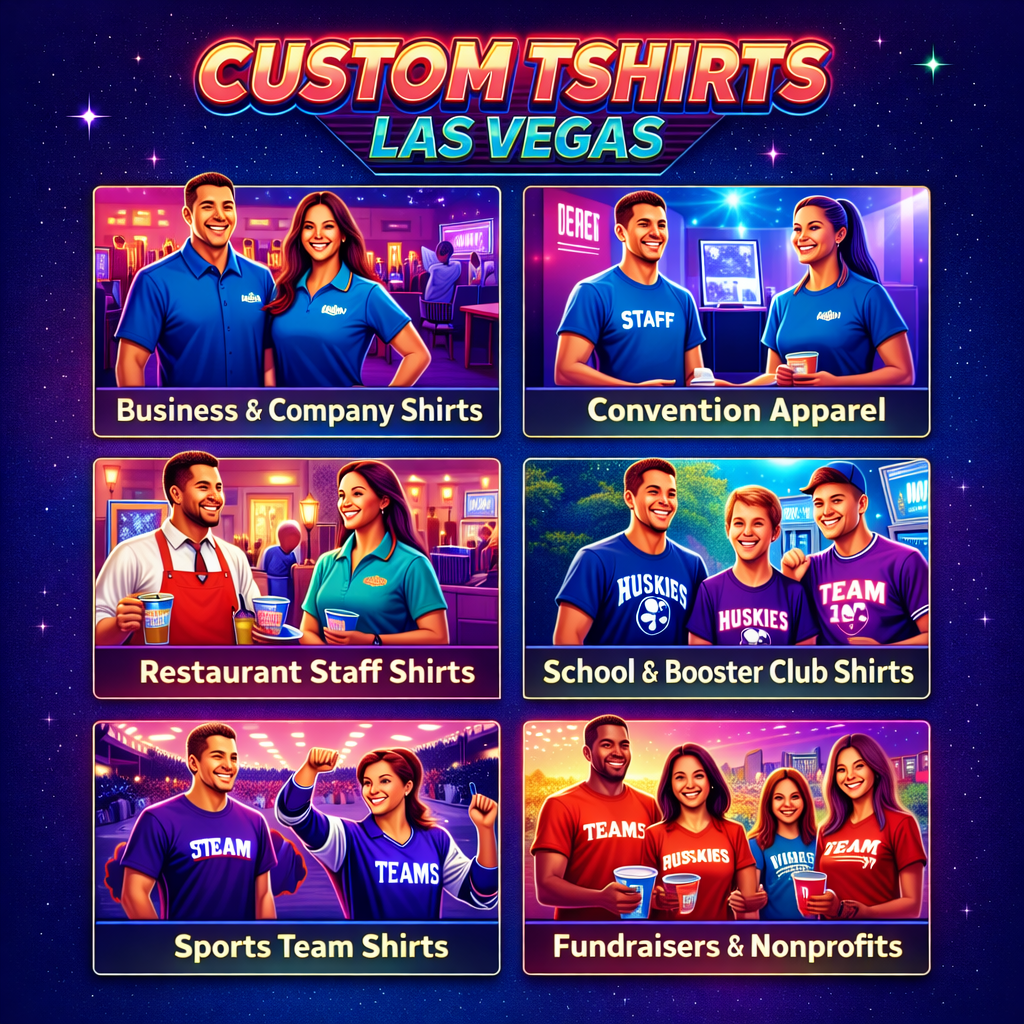 Retro custom tshirts Las Vegas graphic showing business uniforms, convention apparel, restaurant staff shirts, school shirts, sports team apparel, fundraiser shirts, merch, and family reunion shirts